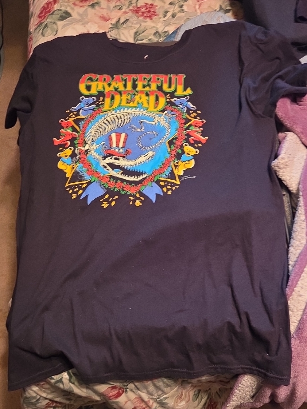 Grateful Dead Black Tee with Multicolor Skeleton Graphic